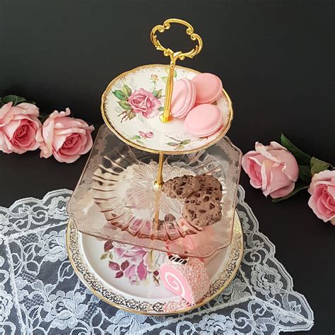 Reserved Tier Cake Stand Mismatch Vintage Plates Pink Depression