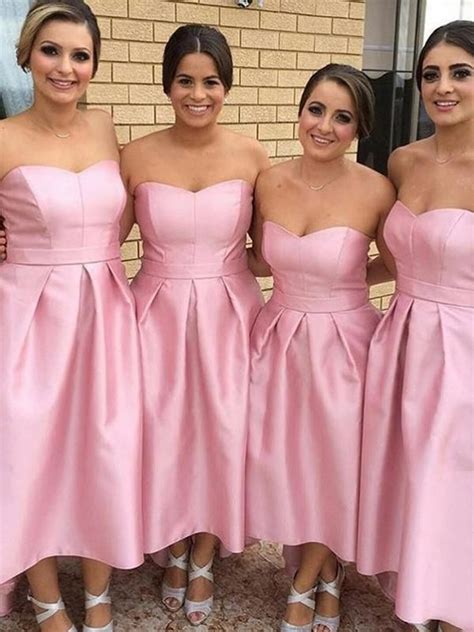 Elegant Pink Strapless A Line Tea Length Bridesmaid Dresses Wedding Guest Dress Satin