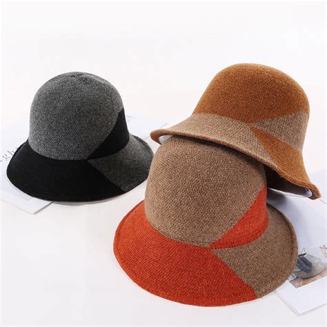 Winter Autumn Womens Wool Knitted Bucket Hats Fashion Warm Folding