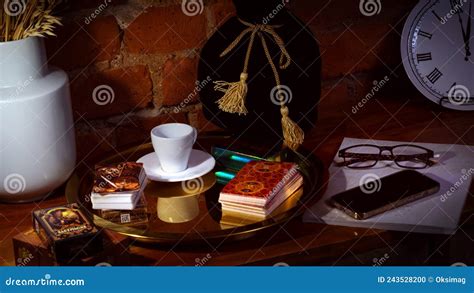 Blurred Predictions Background Tarot Cards Layout On Witch Table Stock