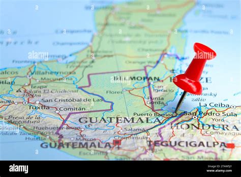 Puerto Barrios, Guatemala pin on map Stock Photo - Alamy