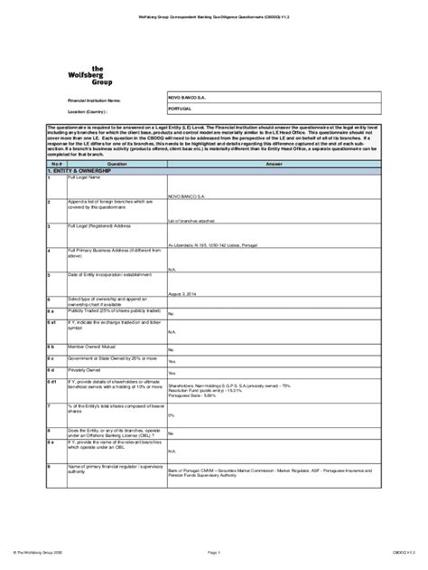 Fillable Online Wolfsberg Correspondent Banking Due Diligence Fax