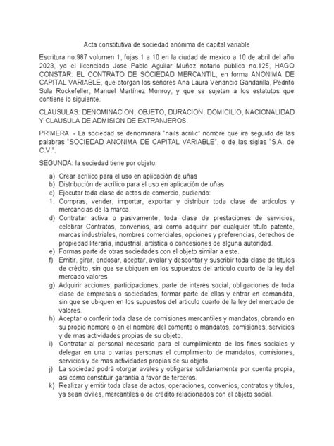 Acta Constitutiva De Sociedad Anónima De Capital Variable Descargar Gratis Pdf Sociedad De