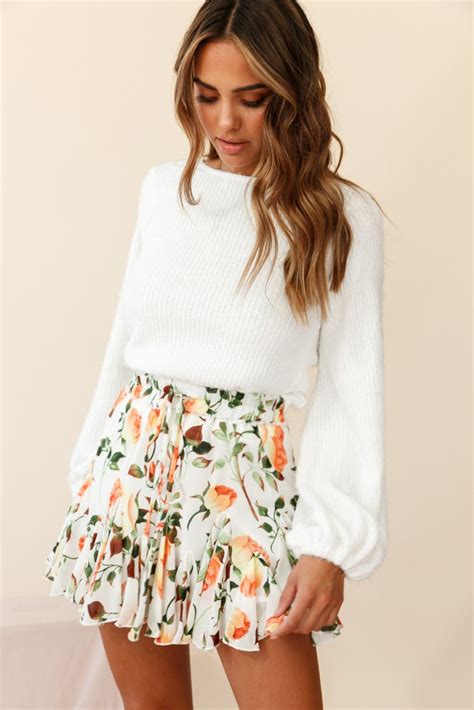 Shop The Robyn Flounce Mini Skirt Rose Print White Orange Selfie Leslie