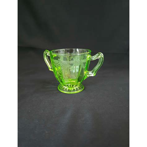 Green Depression Glass Sugar Bowl With Handles Cameo Ballerina Uranium Glass Bowl Anchor