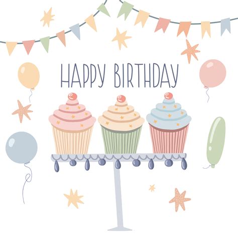 Birthday Greeting Card With Cupcakes And Balloons In Pastel Colors