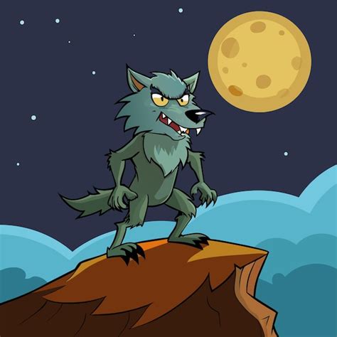 Una Caricatura De Un Lobo En Un Acantilado Con Una Luna Llena En El