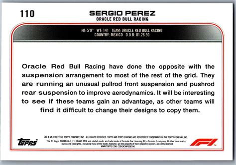 2022 TOPPS CHROME FORMULA 1 BLACK WHITE RAYWAVE SERGIO PEREZ 110