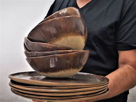 Unique Rustic Ceramic Dinnerware Set in Brown for Modern Dining ...