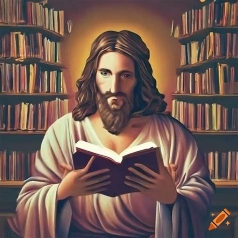 Jesus Reading A Book In A Library On Craiyon