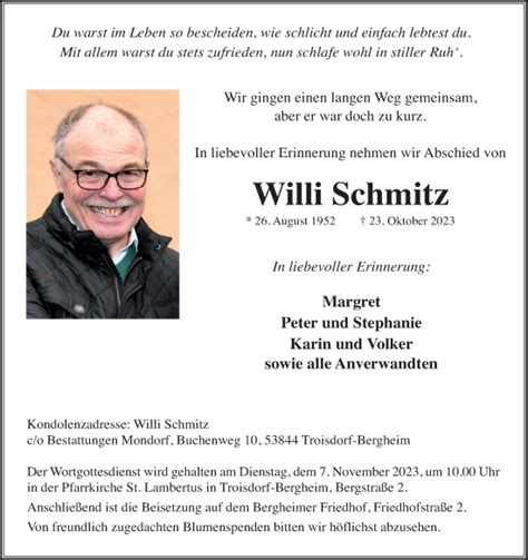 Traueranzeigen Von Willi Schmitz Wirtrauern