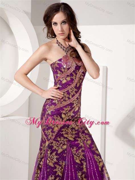 Customize Mermaid Purple And Gold Evening Dress With Brush Train