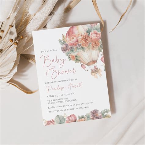 Pink Hot Air Balloon Baby Shower Invitation Editable Template Pink Baby Shower Invite Printable