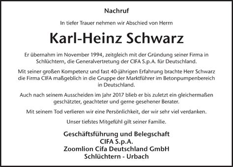 Traueranzeigen Von Karl Heinz Schwarz Trauer De