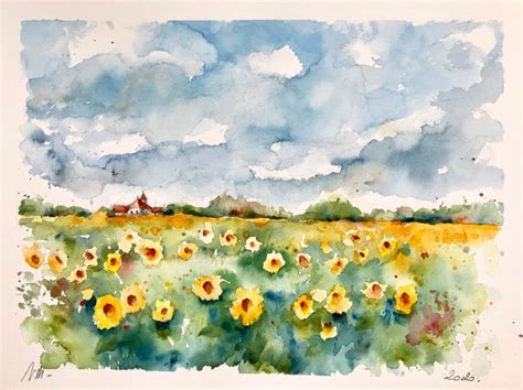 A Watercolor Painting Of Sunflowers In A Field Under A Cloudy Blue Sky