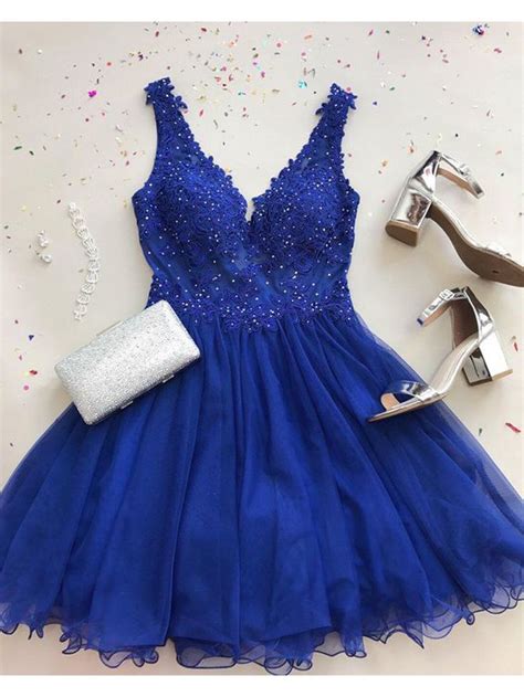 Cute A Line V Neck Royal Blue Lace Short Hoco Dress With Beading Short