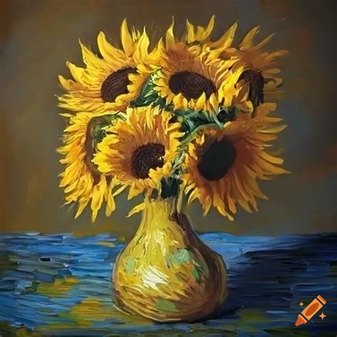 Ultra Realistic Sunflowers In A Bunch Detailed Oil Painting Van Gogh Style Yellow Gradient