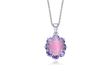 Sterling Silver Purple Cubic And Pink Glass Oval Necklace Oval