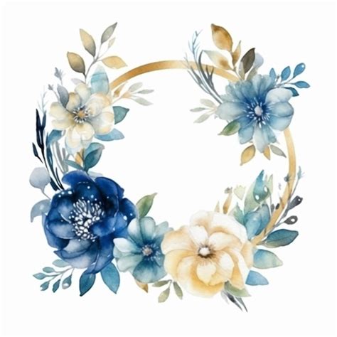 Premium AI Image Watercolor Wreath With Blue Flowers And Gold Frame