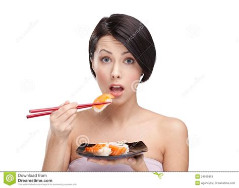 Sushi Surpreendido Da Terra Arrendada Da Mulher Nova Imagem De Stock