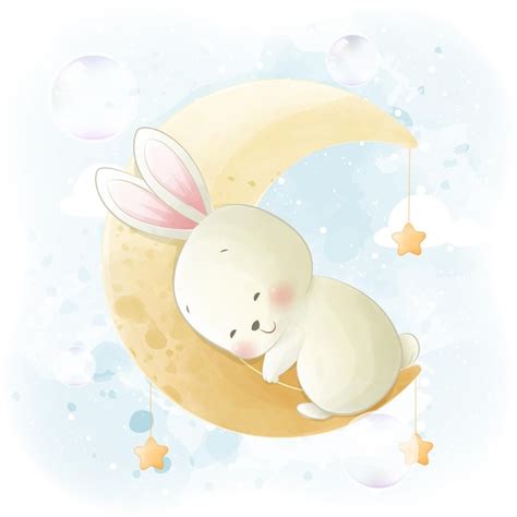 Premium Vector Cute Sleeping Baby Bunny In The Moon