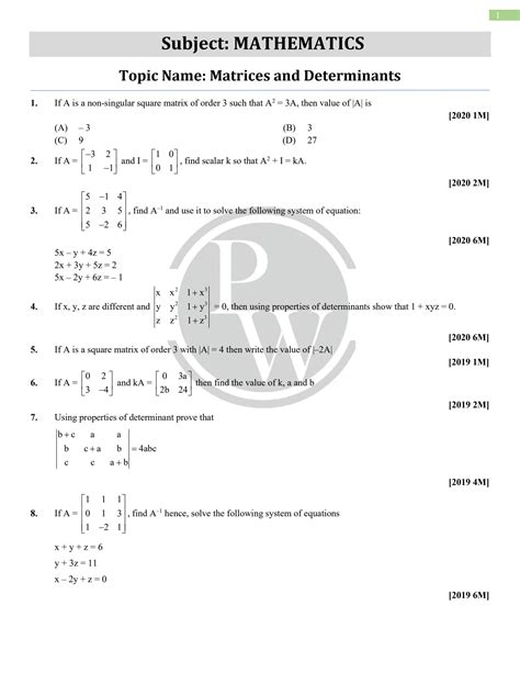 Solution Matrices And Determinants Questions For Building Concepts