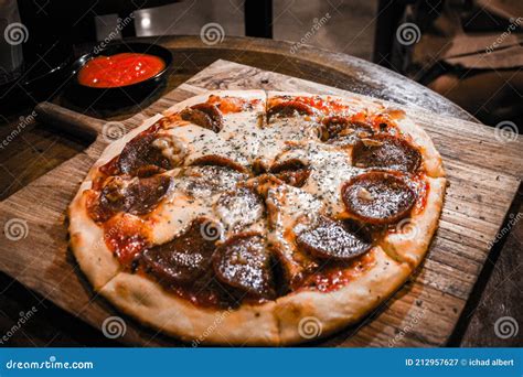 Smoke Beef Pizza With Chilli Sauce Stock Image Image Of Beef Wood 212957627