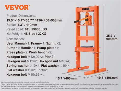 VEVOR Hydraulic Shop Press 6 Ton H Frame Hydraulic Garage Shop Floor