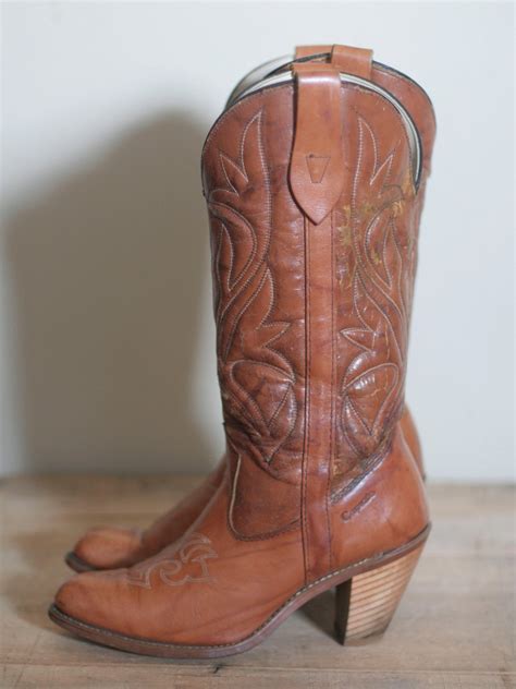 Vintage Womens High Heel Leather Cowboy Boots By Tomtomvintage