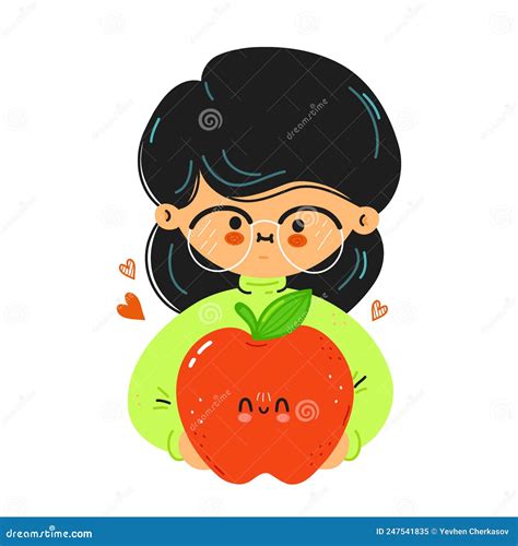 Young Cute Funny Girl Hold Red Apple In Hand Young Woman Hugs Cute Red