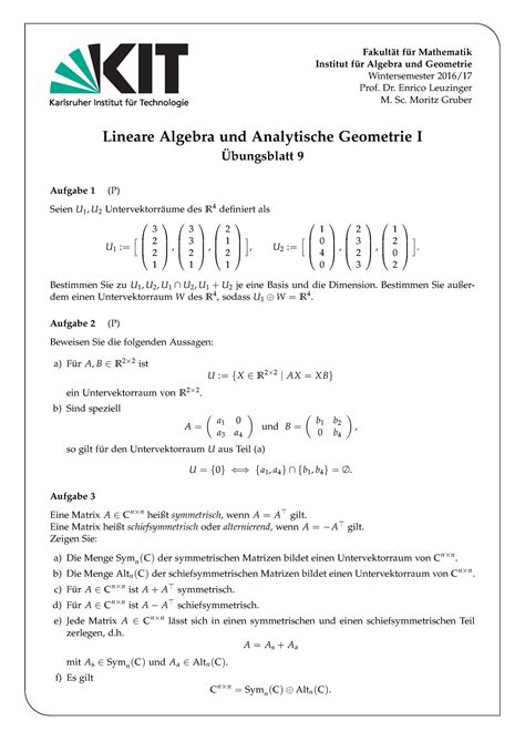 Übungblatt 9 LA 1 Fakultät für Mathematik Institut für Algebra und