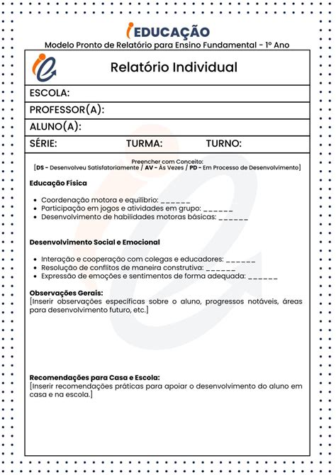 Modelos prontos de Relatório Individual para o 1º Ano