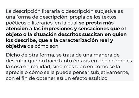 La Descripcion Literaria La Descripción Literaria O Descripción Subjetiva Es Una Forma De