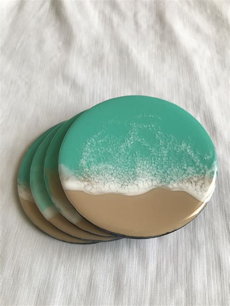 Beach Themed Coasters Set Of 4 Unique Table Coasters Ocean Resin Artwork Epoxy Waves