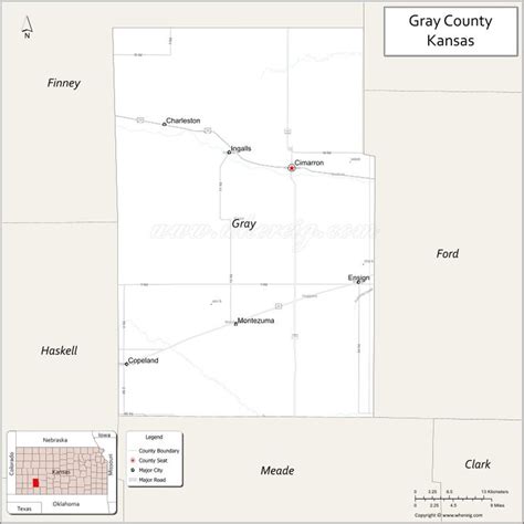 Map of Gray County, Kansas showing cities, highways & important places ...