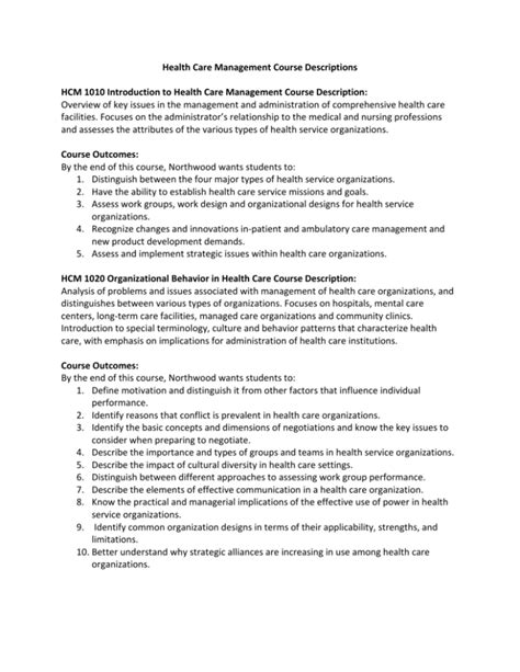 Health Care Management Course Descriptions HCM 1010