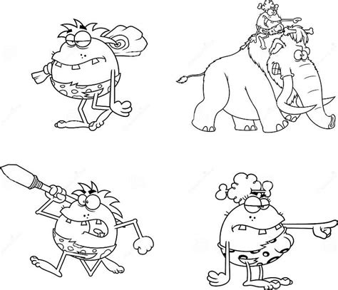 Outlined Caveman Cartoon Characters Vector Hand Drawn Collection Set