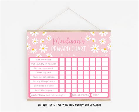 Editable Daisy Reward Chart Pink Daisy Behavior Chart Girl Chore Chart Routine Chart