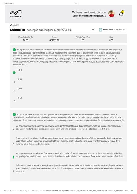 Prova Responsabilidade Social Gabarito Avalia O Da Disciplina Cod