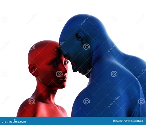 3d Render Portrait Of Blue Bald Man And Red Bald Woman On White Background Stock Illustration