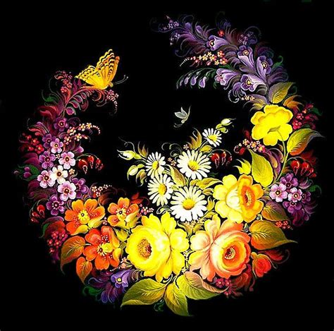 ЦВЕТЫ НА ЧЕРНОМ ФОНЕ | Flower art, Flower painting, Russian folk art