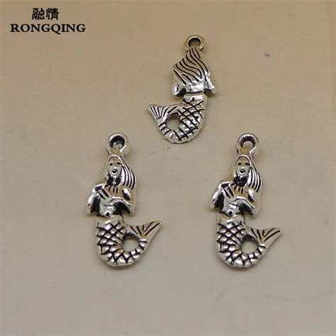 RONGQING 100Pcs Lot Vintage Sivler Mermaid Charms 20x11mm Fairy Tale