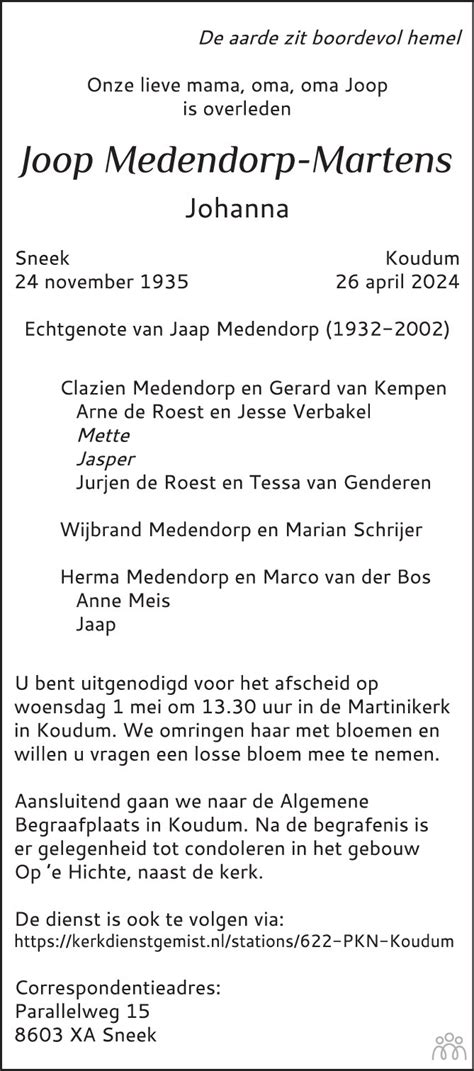 Joop Johanna Medendorp Martens 26 04 2024 Overlijdensbericht En