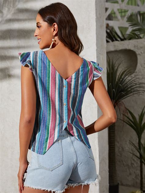 Shein Vcay Vertical Striped Ruffle Trim Button Back Blouse Shein Usa