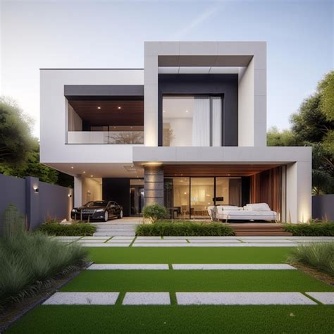 Premium AI Image Arafed Modern House With A Large Lawn And A Covered