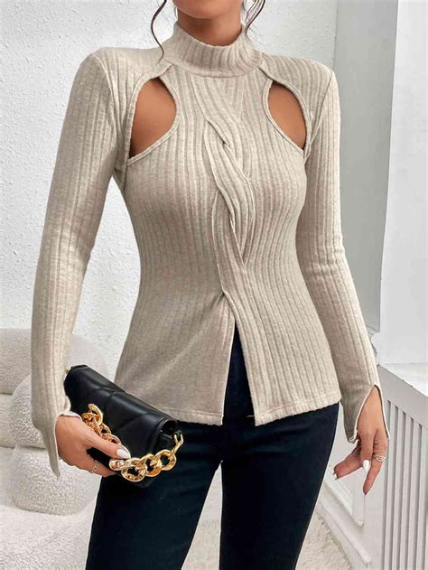 Cutout Mock Neck Long Sleeve Blouses Tophatters Smashing Daily Deals