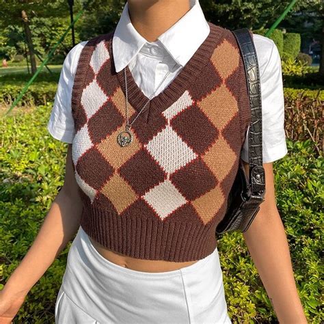 Y2k Sweater Vest Argyle Vneck Vest Women Plaid Knitted Top Y2k