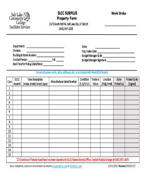 Fillable Online SLCC SURPLUS Work Order Property Form Fax Email Print