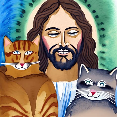 Lächelnder Jesus Christus Umgeben Von Glücklichen Katzen Aquarell