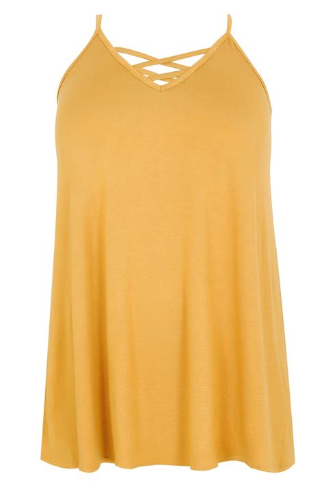 Mustard Yellow V Neck Cami Vest Top With Cross Front Detail Plus Size